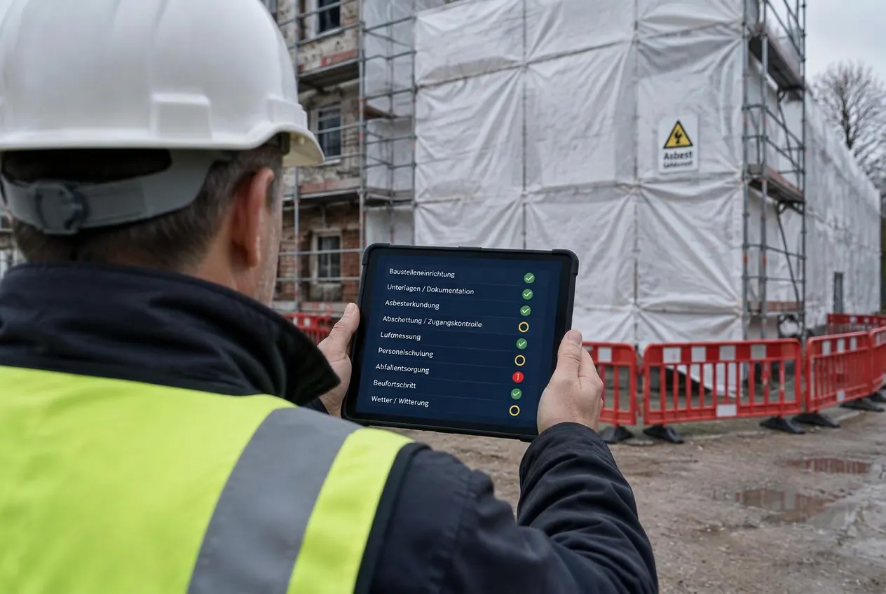 Bauleiter prüft auf einer Asbestsanierungsbaustelle eine digitale Checkliste auf dem Tablet